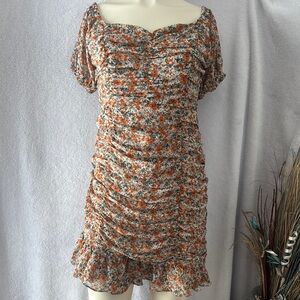 Floral Mini Dress‎ Orange Green Short Sleeve Ruched Ruffle Hem Party Cottagecore
